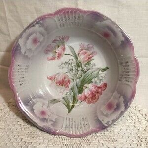 Schwarzenhammer Bavaria Pink White Gilded Floral Lusterware 9" Serving Bowl 1910